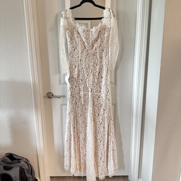 LULU’S Lace Sheath Off-White Floor length Off The Shoulder Wedding Dress, NWT! - Picture 5 of 7